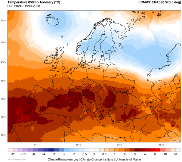 Abbildung 1: Temperaturanomalie auf 850 hPa (ca. 1500m) von Dezember bis Februar 2024 gegenüber der Periode 1990 bis 2020. Quelle: ECMWF ERA-5 Reanalyse