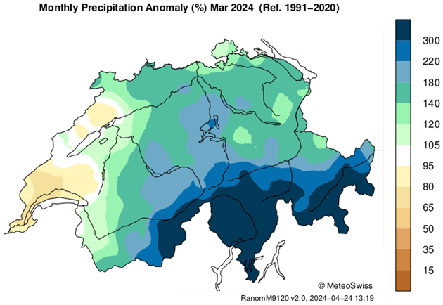 Monatsgitterkarte mit den Niederschlagsanomalie gegenüber der Periode 1990-2020 für den Monat März. Quelle: MeteoSchweiz